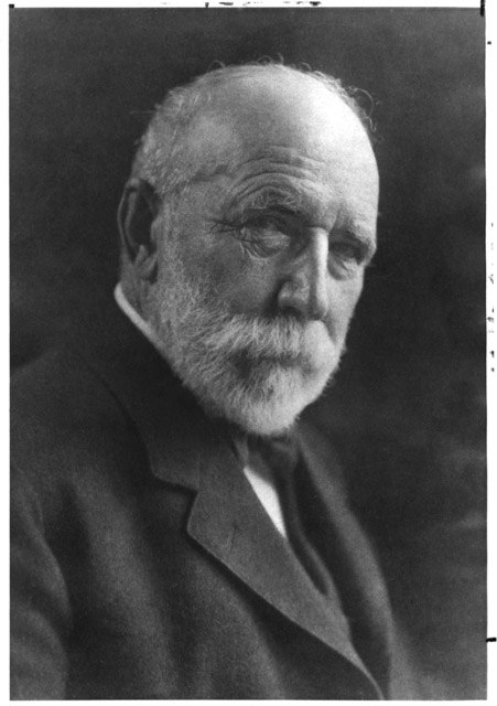 The head, shoulders, and chest of a white-bearded, mustachioed, and balding man, in three-quarters profile.